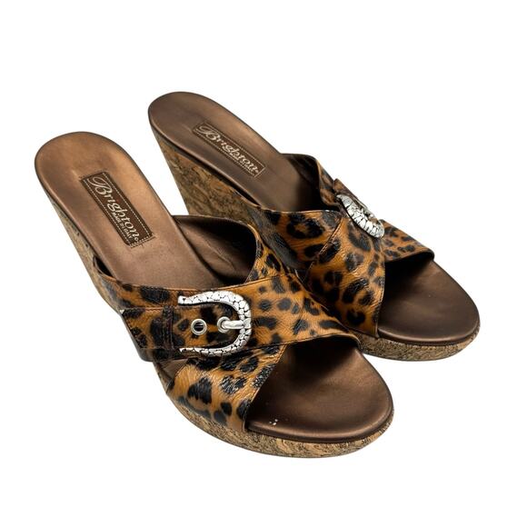 Brighton Summer Leopard Patent Leather Classic Buckle Cork Wedge Sandals - Picture 5 of 11